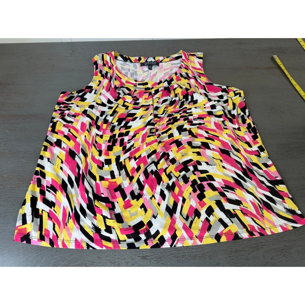 Kasper Womens 2X Sleeveless Knit Top Pink Yellow Abstract Geometric Pleat Neck